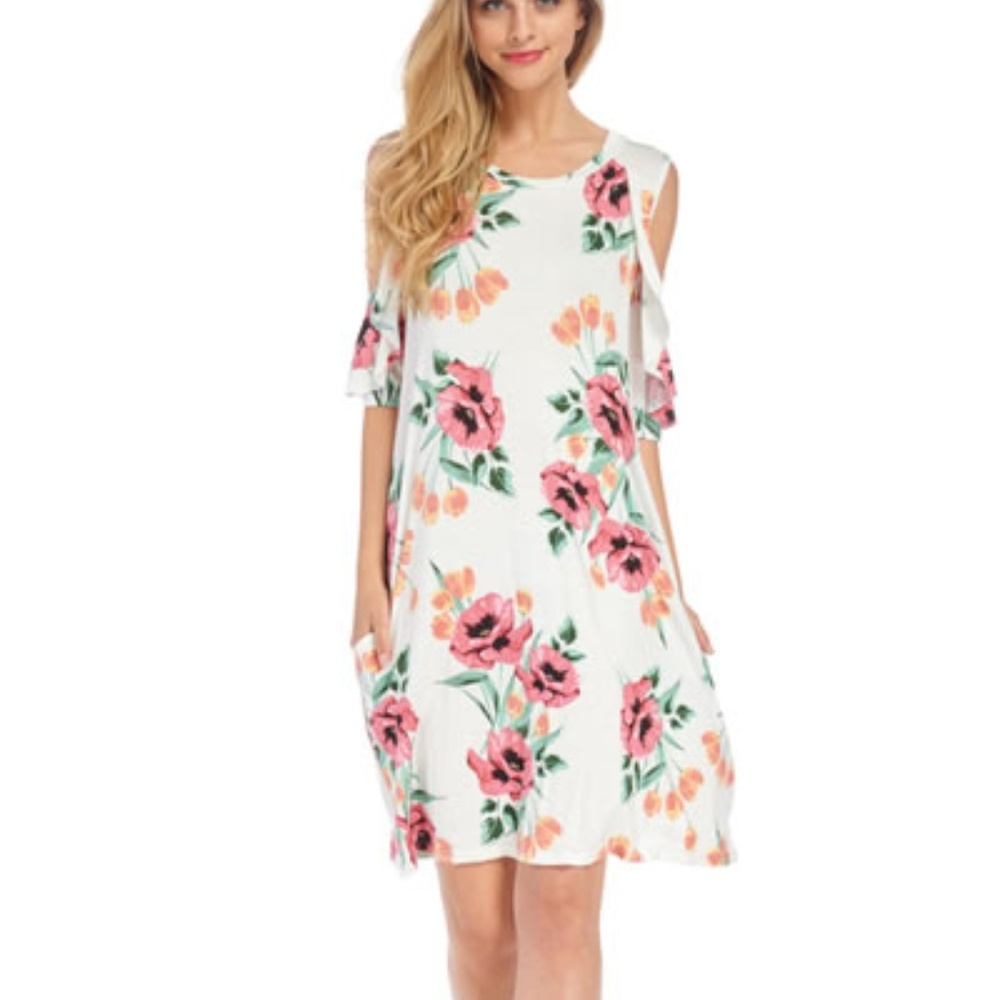 Summer Floral Open Shoulder Midi Dress with Pocket